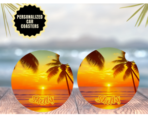 Coastal beach-themed drink coaster set. Slip-resistant, moisture-absorbing, and customizable with your name!
